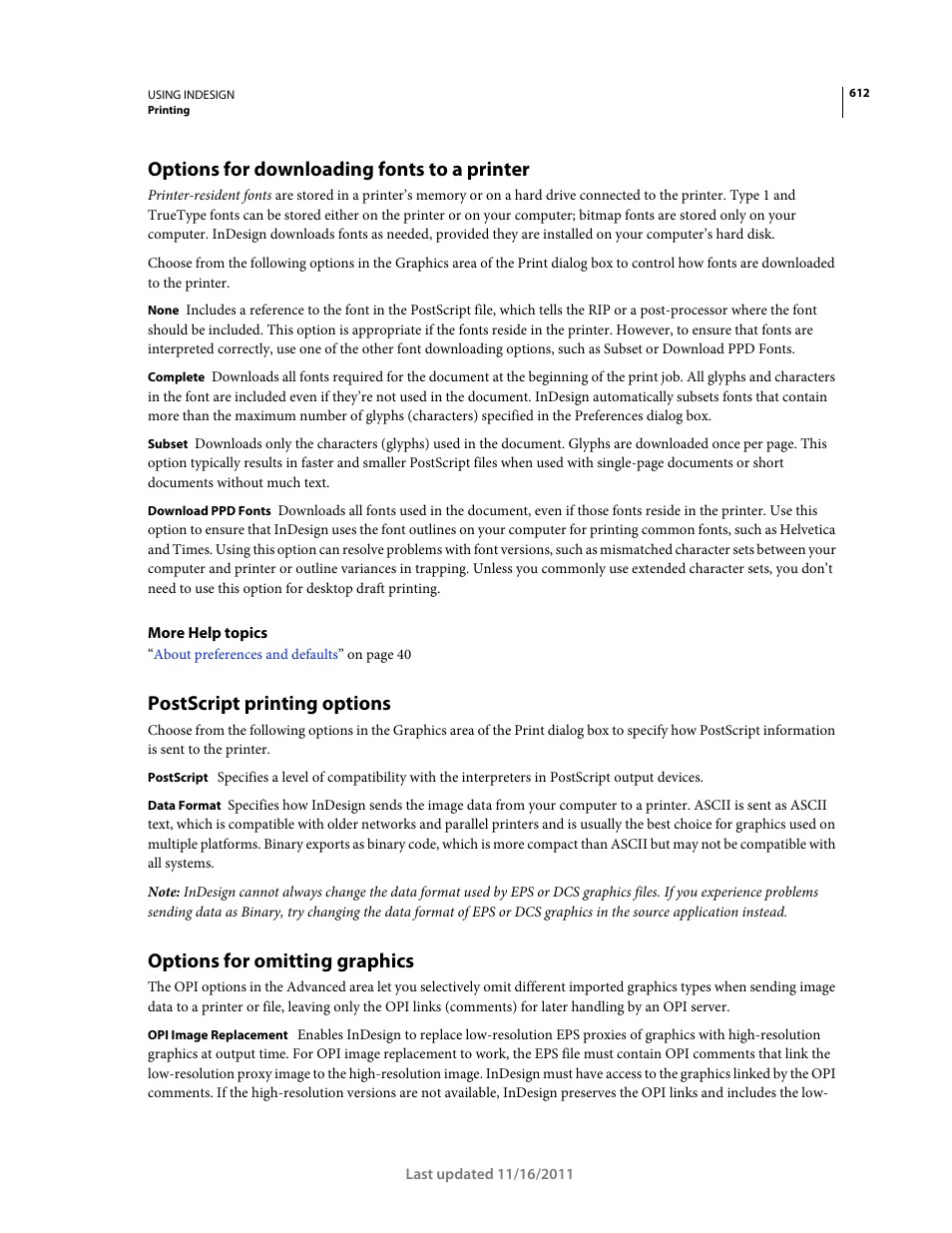 Options for downloading fonts to a printer, Postscript printing options, Options for omitting graphics | Adobe InDesign CS5 User Manual | Page 618 / 710