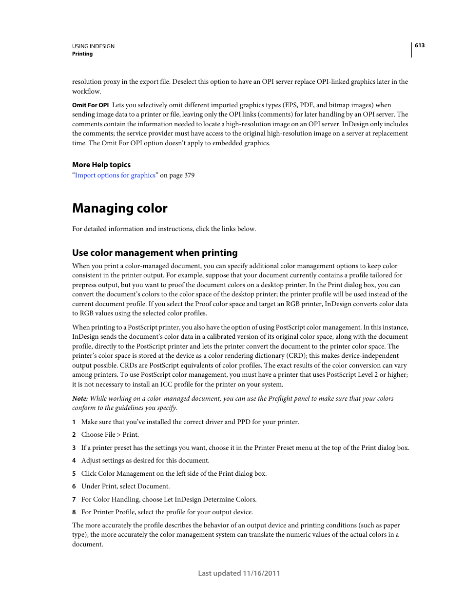 Managing color, Use color management when printing | Adobe InDesign CS5 User Manual | Page 619 / 710