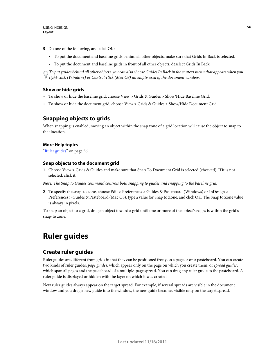 Show or hide grids, Snapping objects to grids, Snap objects to the document grid | Ruler guides, Create ruler guides | Adobe InDesign CS5 User Manual | Page 62 / 710