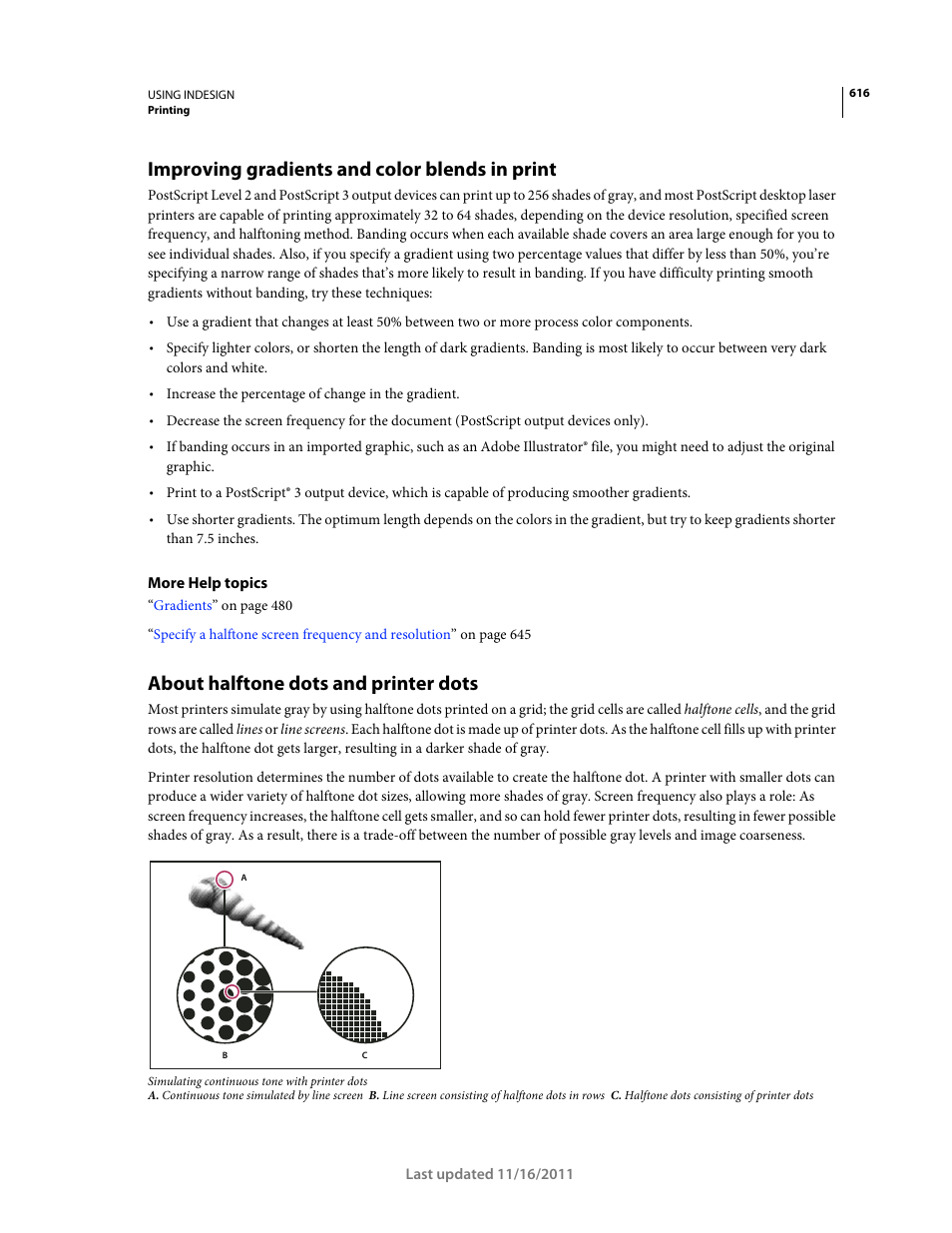 Improving gradients and color blends in print, About halftone dots and printer dots | Adobe InDesign CS5 User Manual | Page 622 / 710