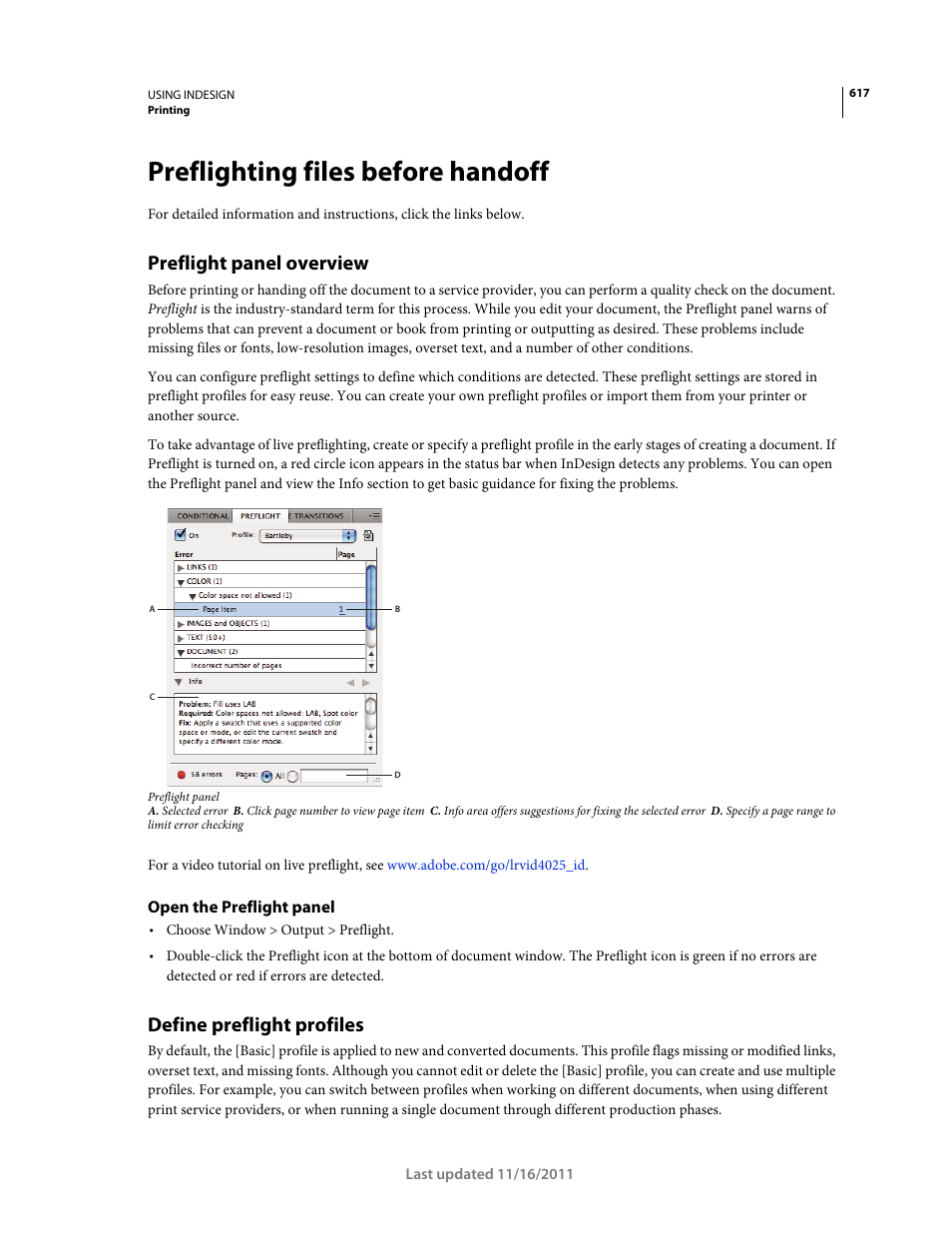 Preflighting files before handoff, Preflight panel overview, Open the preflight panel | Define preflight profiles | Adobe InDesign CS5 User Manual | Page 623 / 710