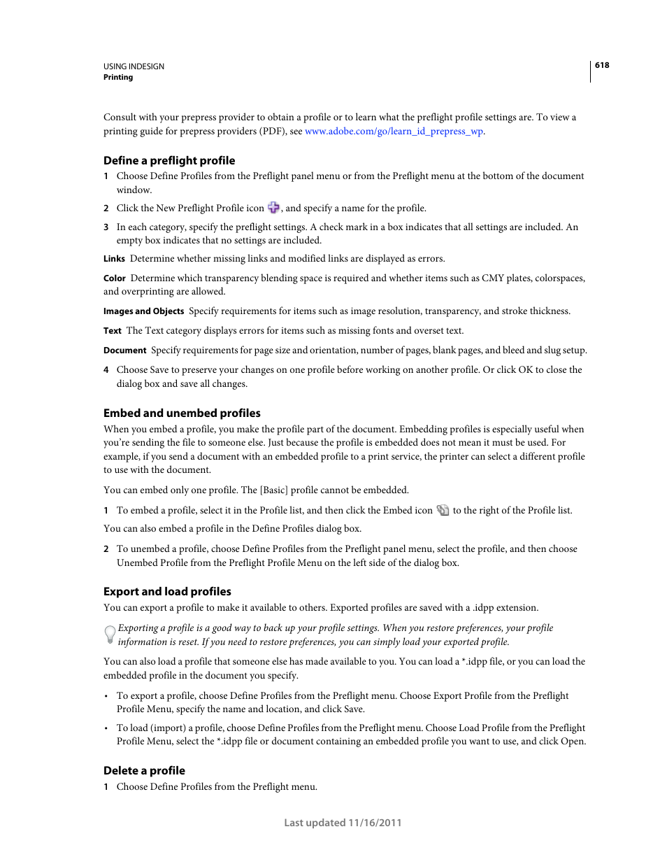 Define a preflight profile, Embed and unembed profiles, Export and load profiles | Delete a profile | Adobe InDesign CS5 User Manual | Page 624 / 710