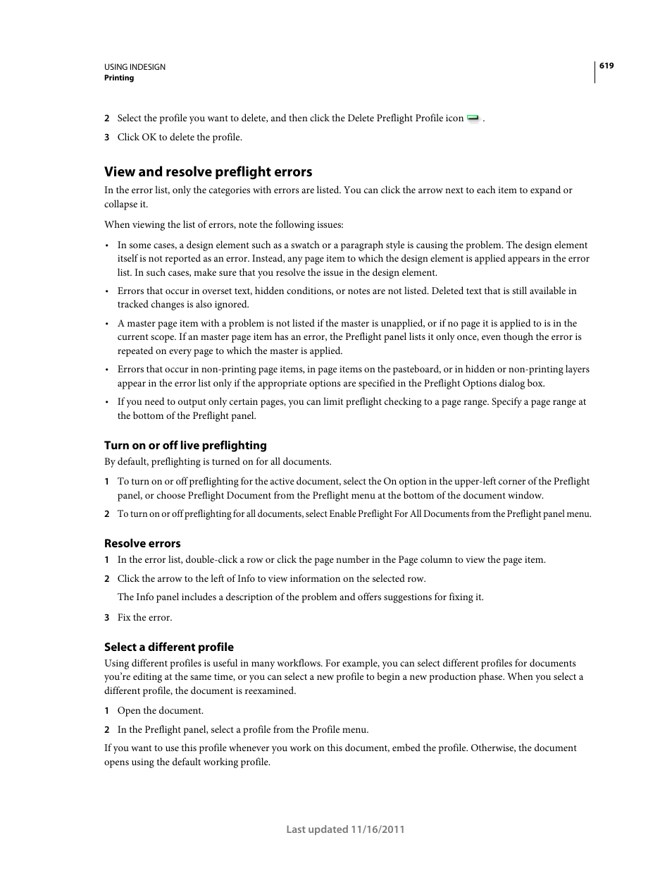 View and resolve preflight errors, Turn on or off live preflighting, Resolve errors | Select a different profile | Adobe InDesign CS5 User Manual | Page 625 / 710