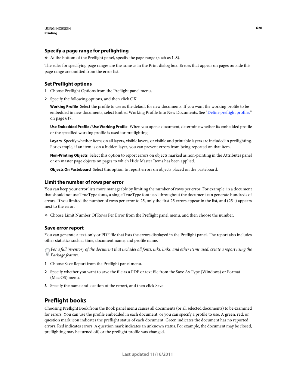 Set preflight options, Limit the number of rows per error, Save error report | Preflight books | Adobe InDesign CS5 User Manual | Page 626 / 710