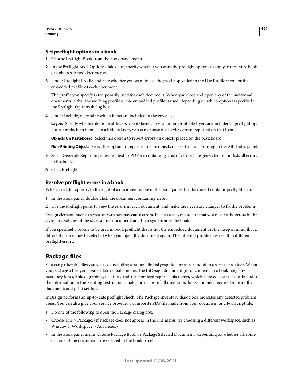 Set preflight options in a book, Resolve preflight errors in a book, Package files | Adobe InDesign CS5 User Manual | Page 627 / 710