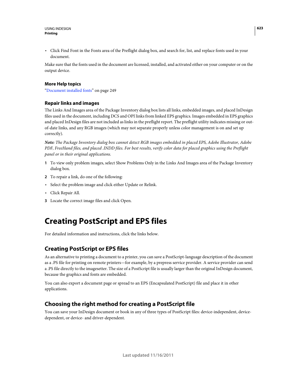 Repair links and images, Creating postscript and eps files, Creating postscript or eps files | Adobe InDesign CS5 User Manual | Page 629 / 710