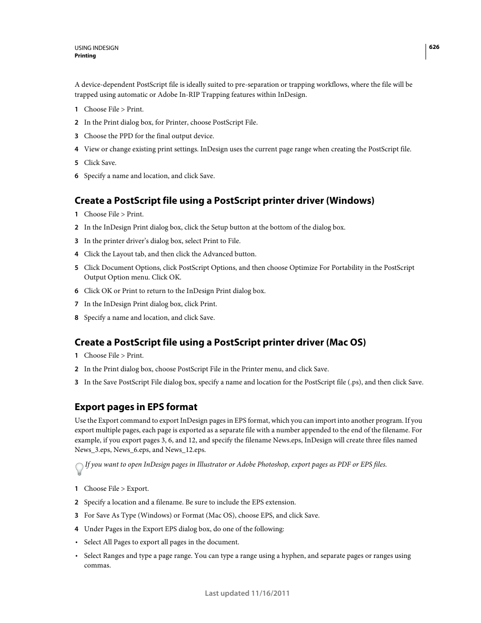 Export pages in eps format | Adobe InDesign CS5 User Manual | Page 632 / 710