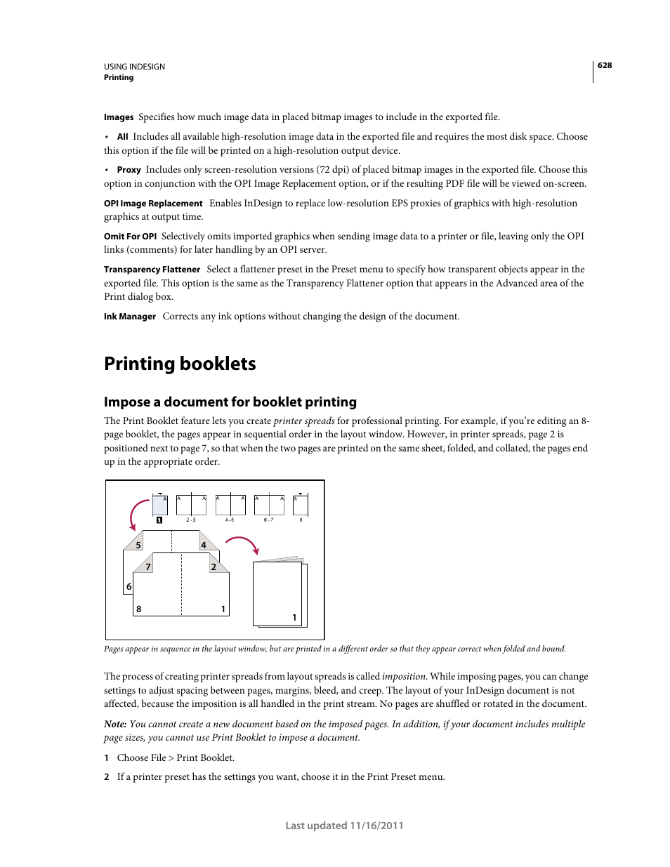 Printing booklets, Impose a document for booklet printing | Adobe InDesign CS5 User Manual | Page 634 / 710