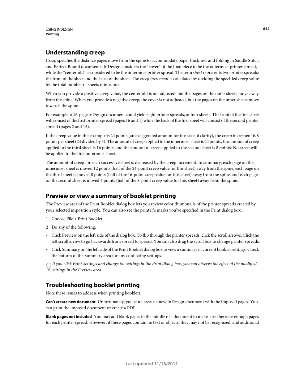 Understanding creep, Preview or view a summary of booklet printing, Troubleshooting booklet printing | Adobe InDesign CS5 User Manual | Page 638 / 710