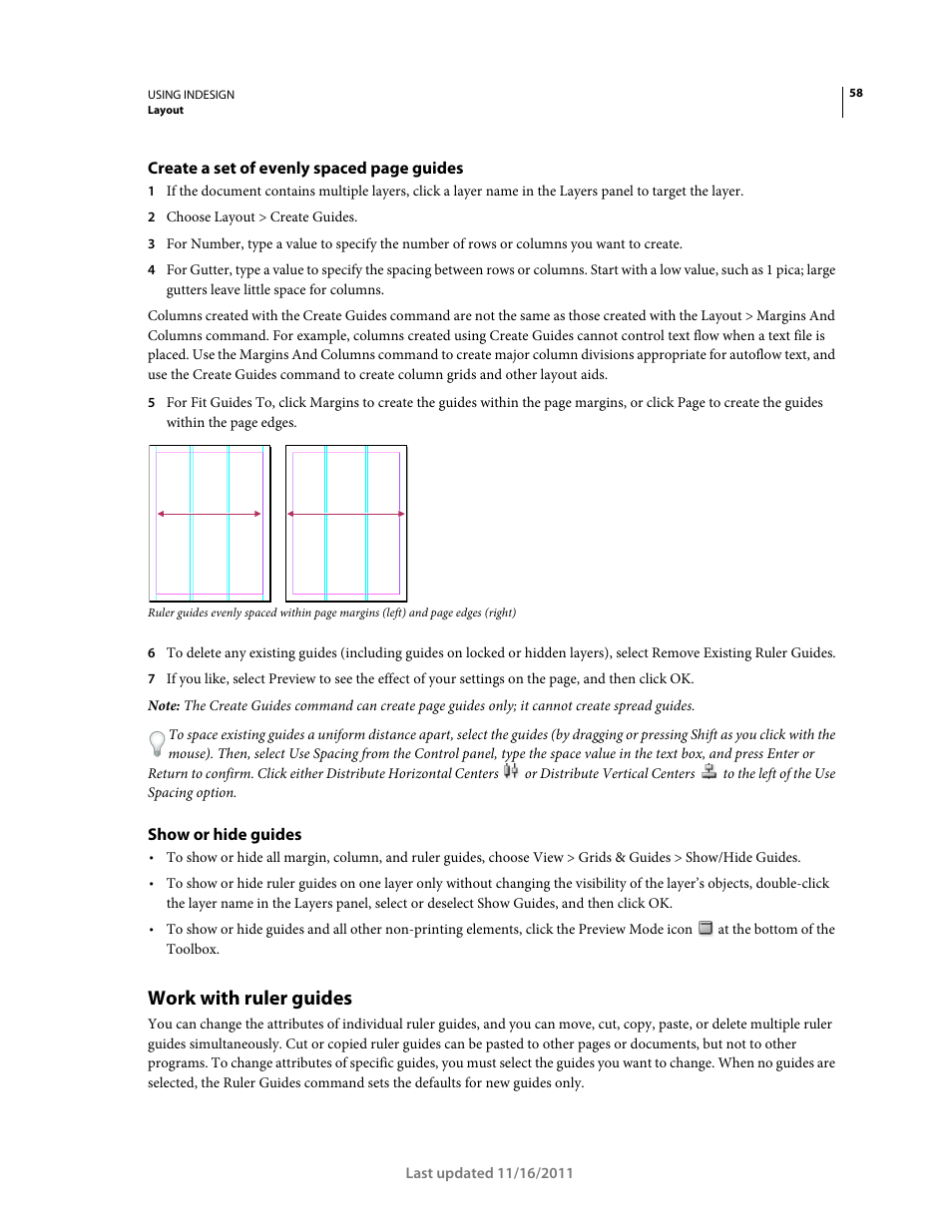 Show or hide guides, Work with ruler guides | Adobe InDesign CS5 User Manual | Page 64 / 710