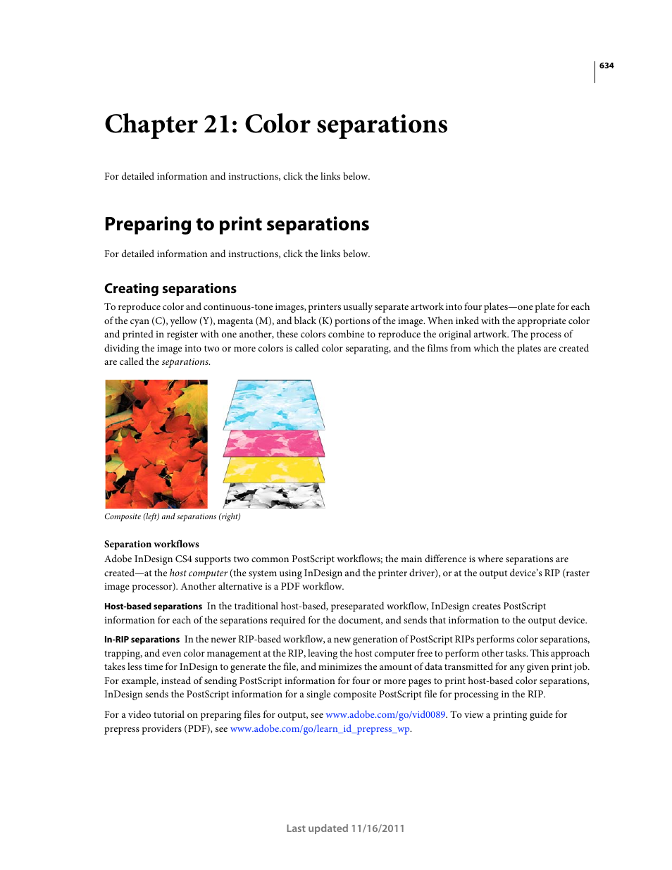 Chapter 21: color separations, Preparing to print separations, Creating separations | Adobe InDesign CS5 User Manual | Page 640 / 710