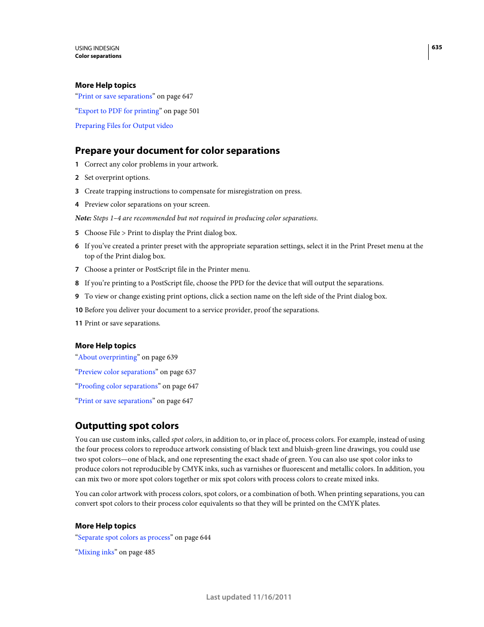 Prepare your document for color separations, Outputting spot colors | Adobe InDesign CS5 User Manual | Page 641 / 710