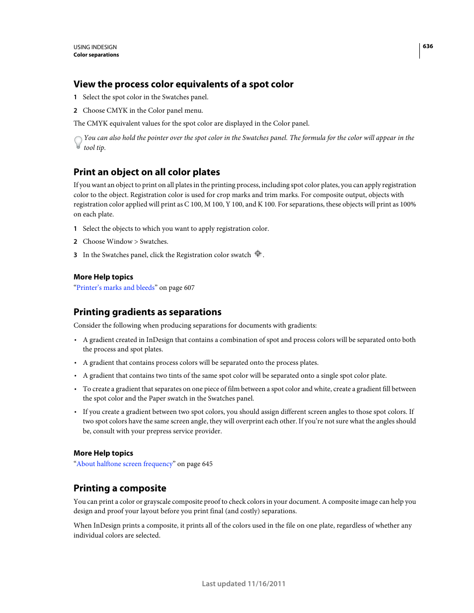 View the process color equivalents of a spot color, Print an object on all color plates, Printing gradients as separations | Printing a composite | Adobe InDesign CS5 User Manual | Page 642 / 710