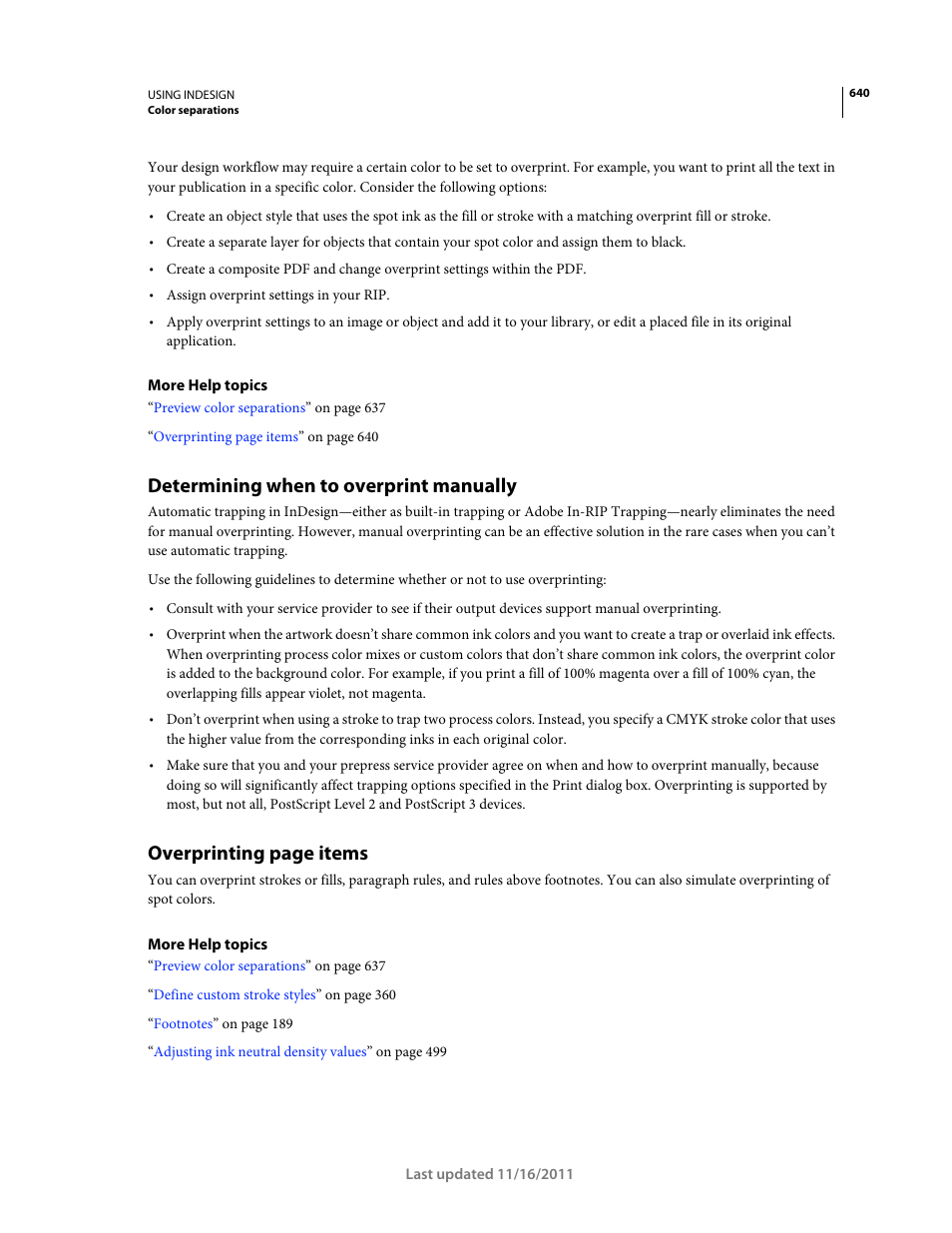 Determining when to overprint manually, Overprinting page items | Adobe InDesign CS5 User Manual | Page 646 / 710