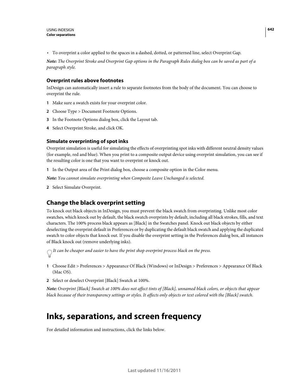 Overprint rules above footnotes, Simulate overprinting of spot inks, Change the black overprint setting | Inks, separations, and screen frequency | Adobe InDesign CS5 User Manual | Page 648 / 710