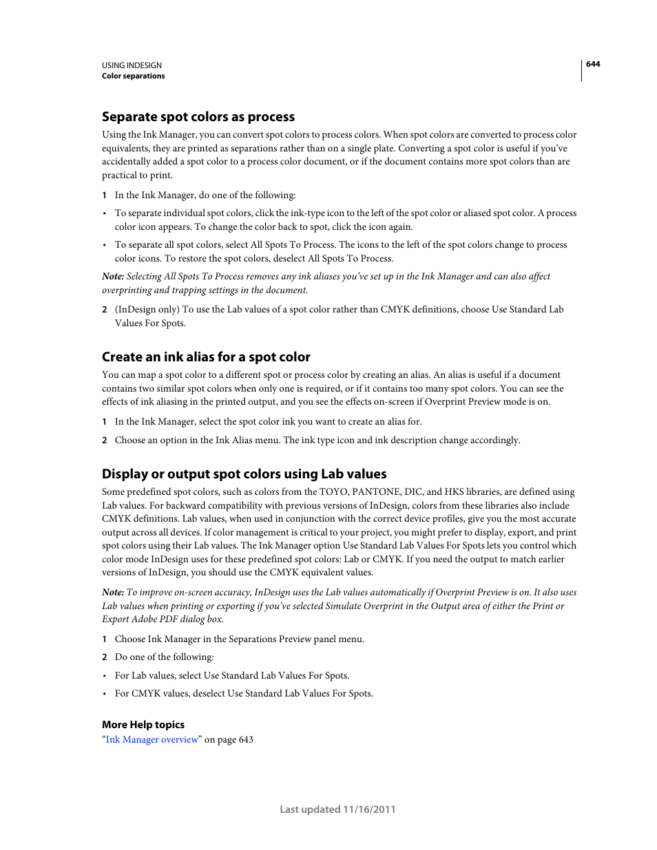 Separate spot colors as process, Create an ink alias for a spot color, Display or output spot colors using lab values | Adobe InDesign CS5 User Manual | Page 650 / 710