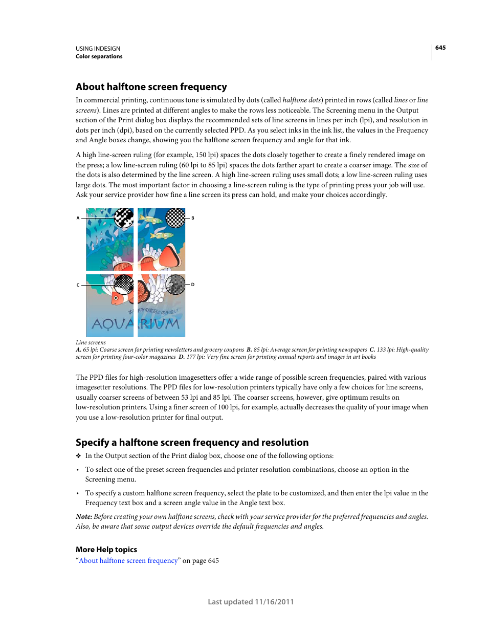 About halftone screen frequency, Specify a halftone screen frequency and resolution | Adobe InDesign CS5 User Manual | Page 651 / 710