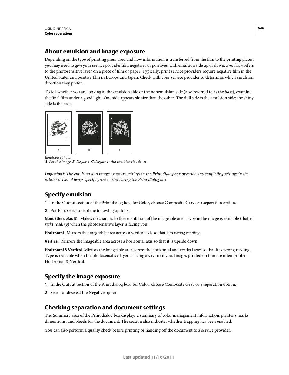 About emulsion and image exposure, Specify emulsion, Specify the image exposure | Checking separation and document settings | Adobe InDesign CS5 User Manual | Page 652 / 710