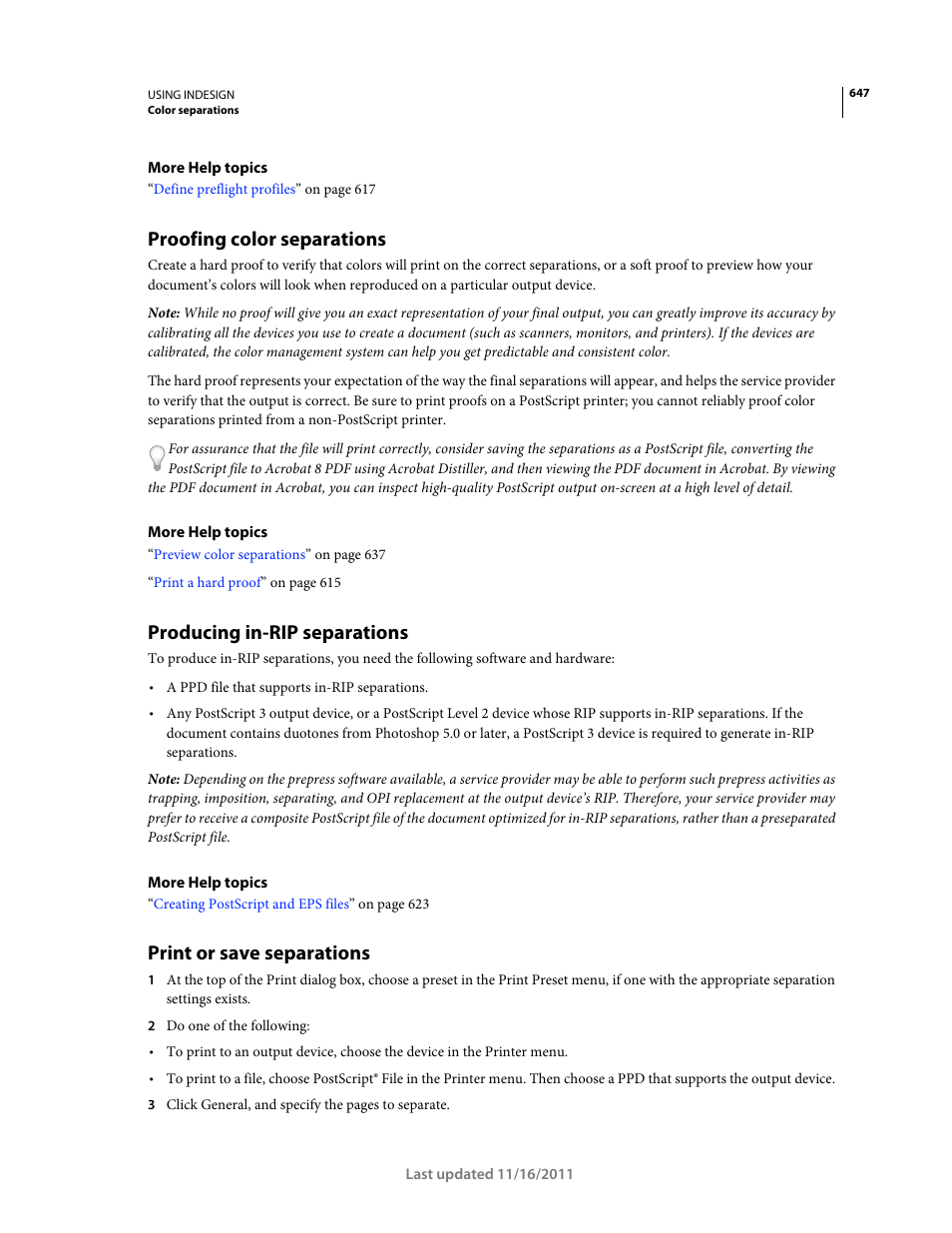 Proofing color separations, Producing in-rip separations, Print or save separations | Adobe InDesign CS5 User Manual | Page 653 / 710