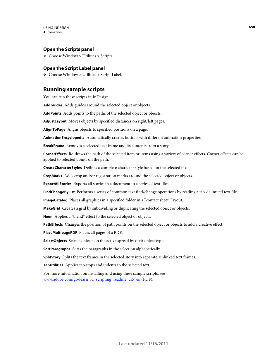 Open the scripts panel, Open the script label panel, Running sample scripts | Adobe InDesign CS5 User Manual | Page 656 / 710