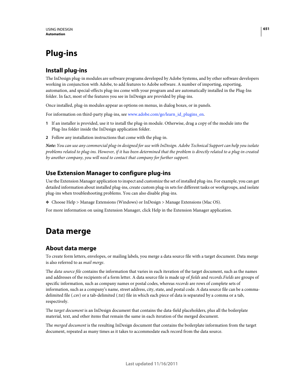 Plug-ins, Install plug-ins, Use extension manager to configure plug-ins | Data merge, About data merge | Adobe InDesign CS5 User Manual | Page 657 / 710