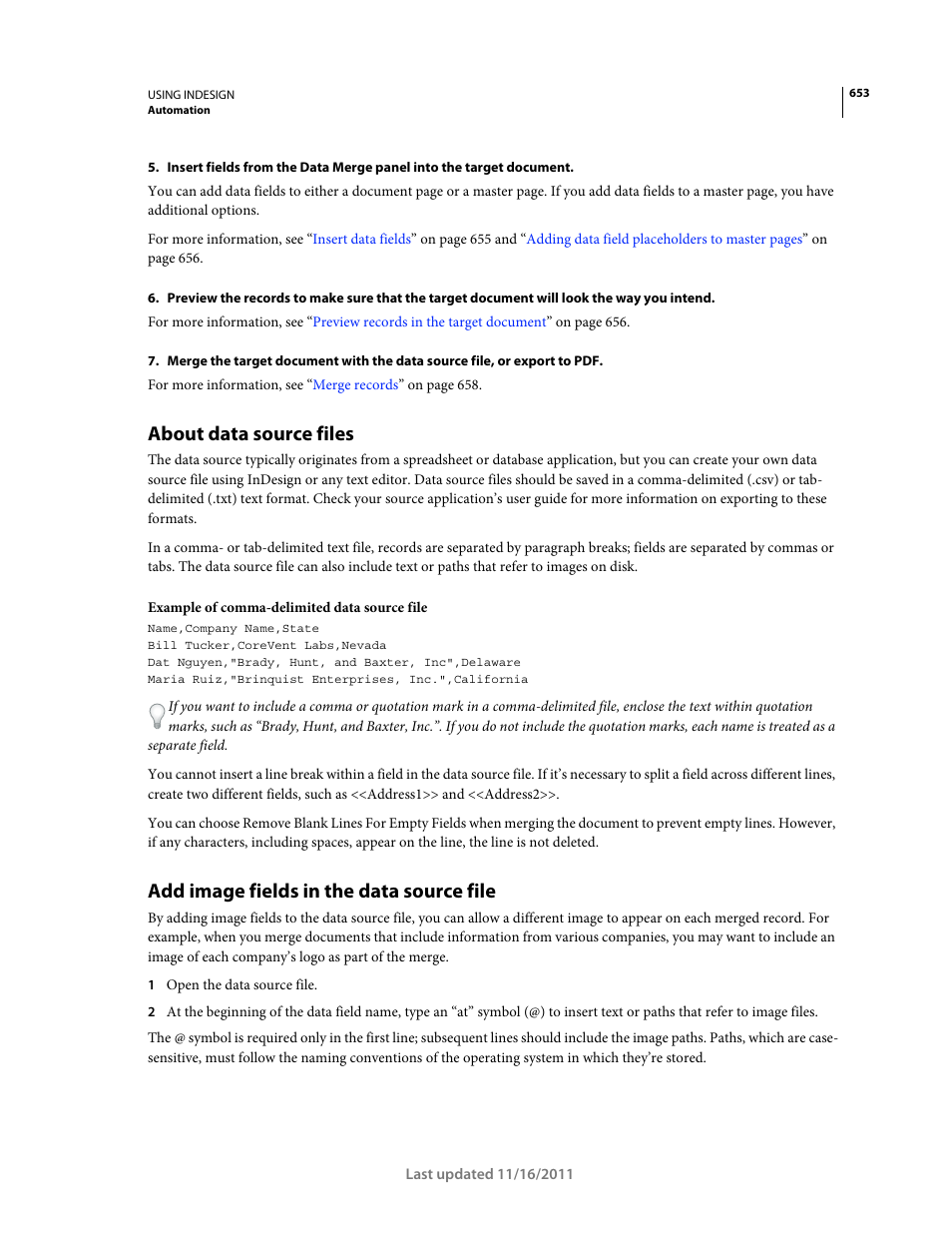 About data source files, Add image fields in the data source file, For more information, see | Adobe InDesign CS5 User Manual | Page 659 / 710