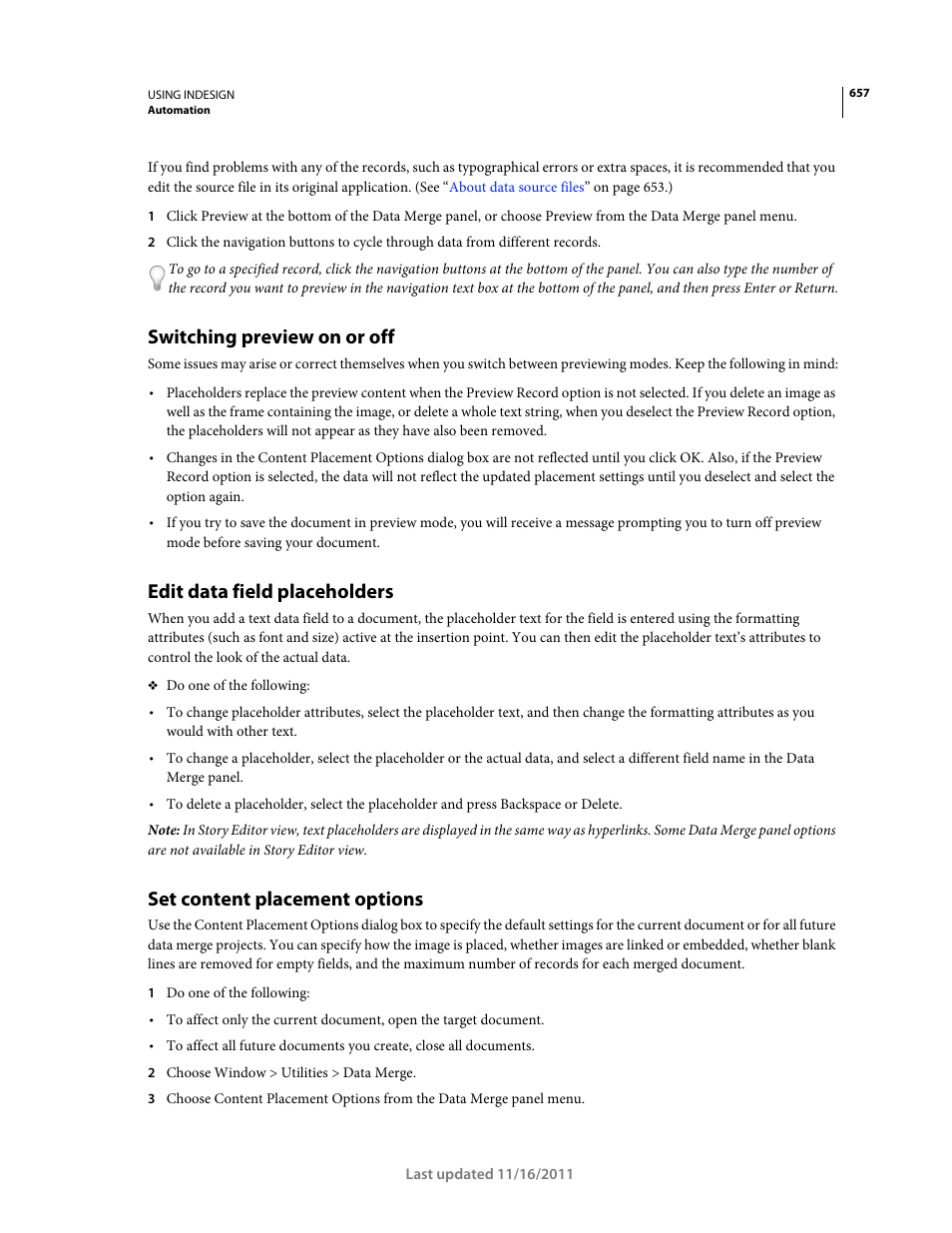 Switching preview on or off, Edit data field placeholders, Set content placement options | Adobe InDesign CS5 User Manual | Page 663 / 710