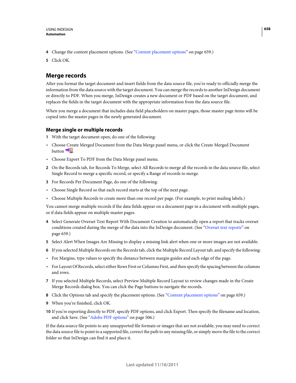 Merge records, Merge single or multiple records, For more information, see | Adobe InDesign CS5 User Manual | Page 664 / 710