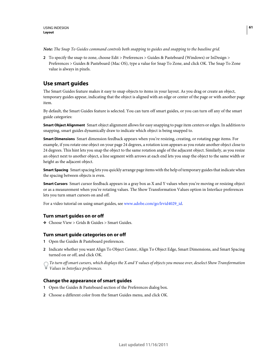 Use smart guides, Turn smart guides on or off, Turn smart guide categories on or off | Change the appearance of smart guides | Adobe InDesign CS5 User Manual | Page 67 / 710