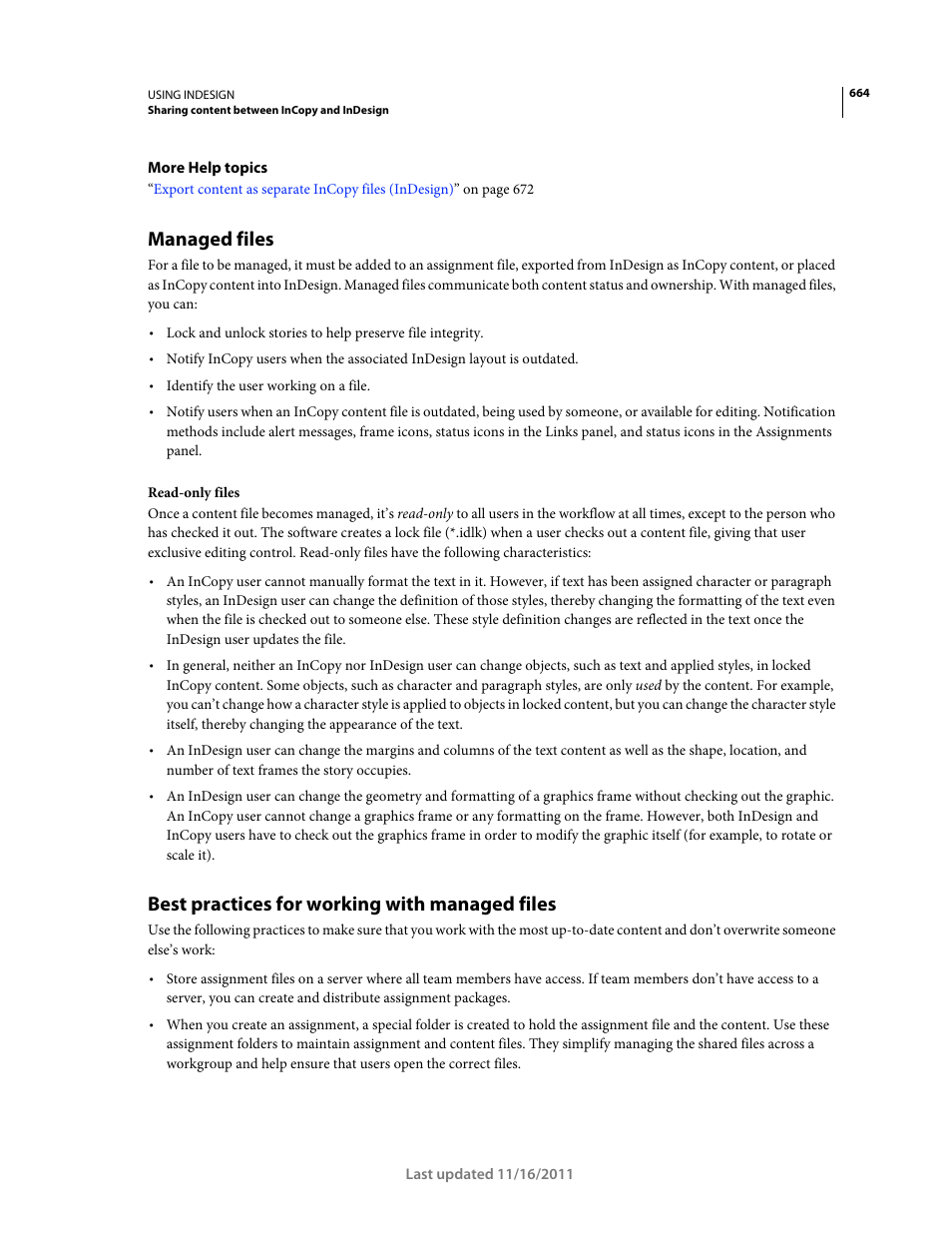Managed files, Best practices for working with managed files | Adobe InDesign CS5 User Manual | Page 670 / 710