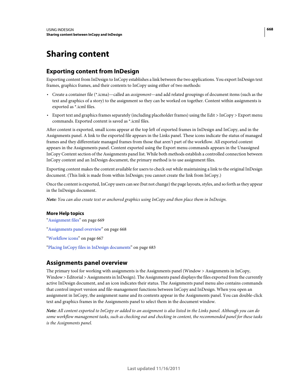 Sharing content, Exporting content from indesign, Assignments panel overview | Adobe InDesign CS5 User Manual | Page 674 / 710