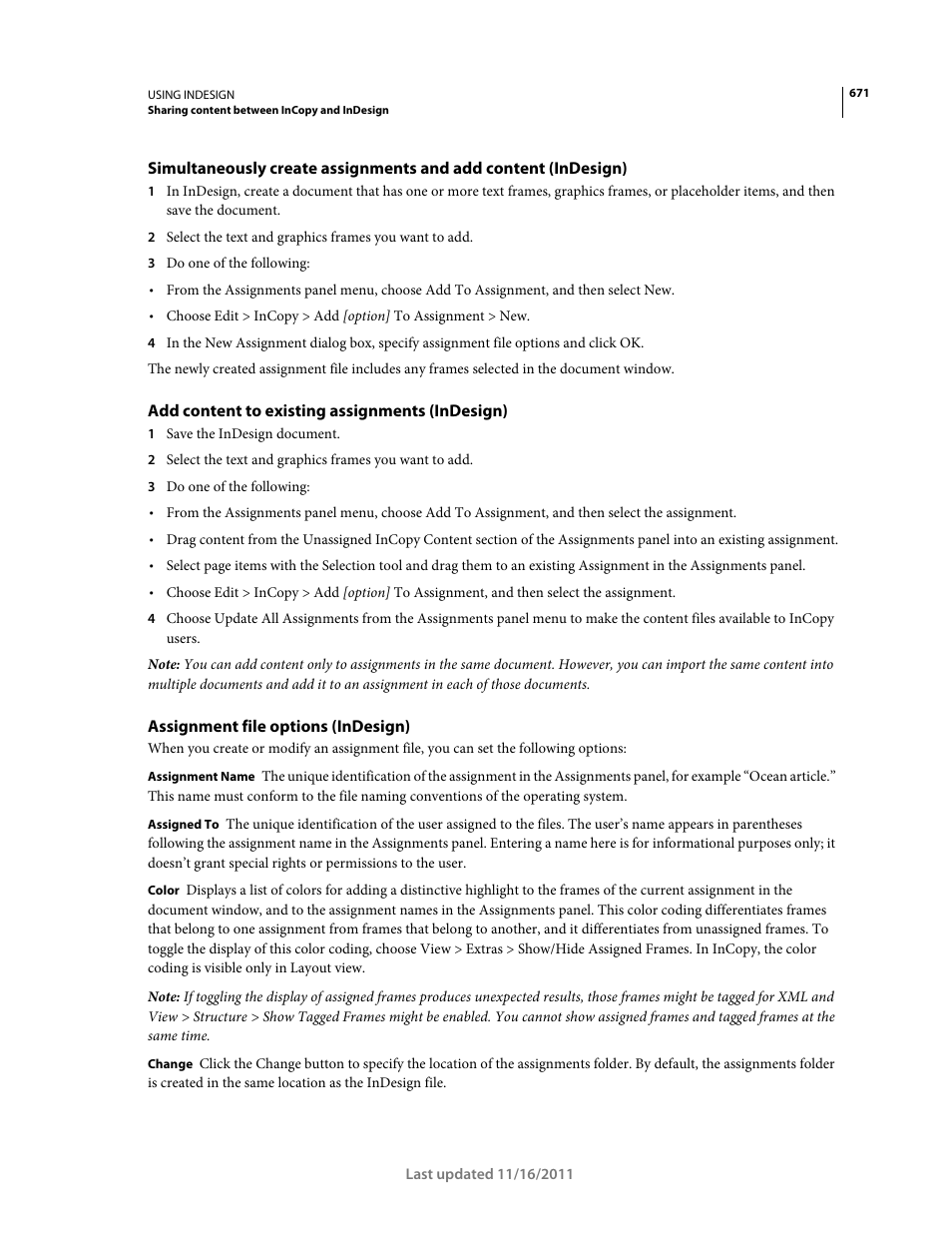 Add content to existing assignments (indesign), Assignment file options (indesign) | Adobe InDesign CS5 User Manual | Page 677 / 710