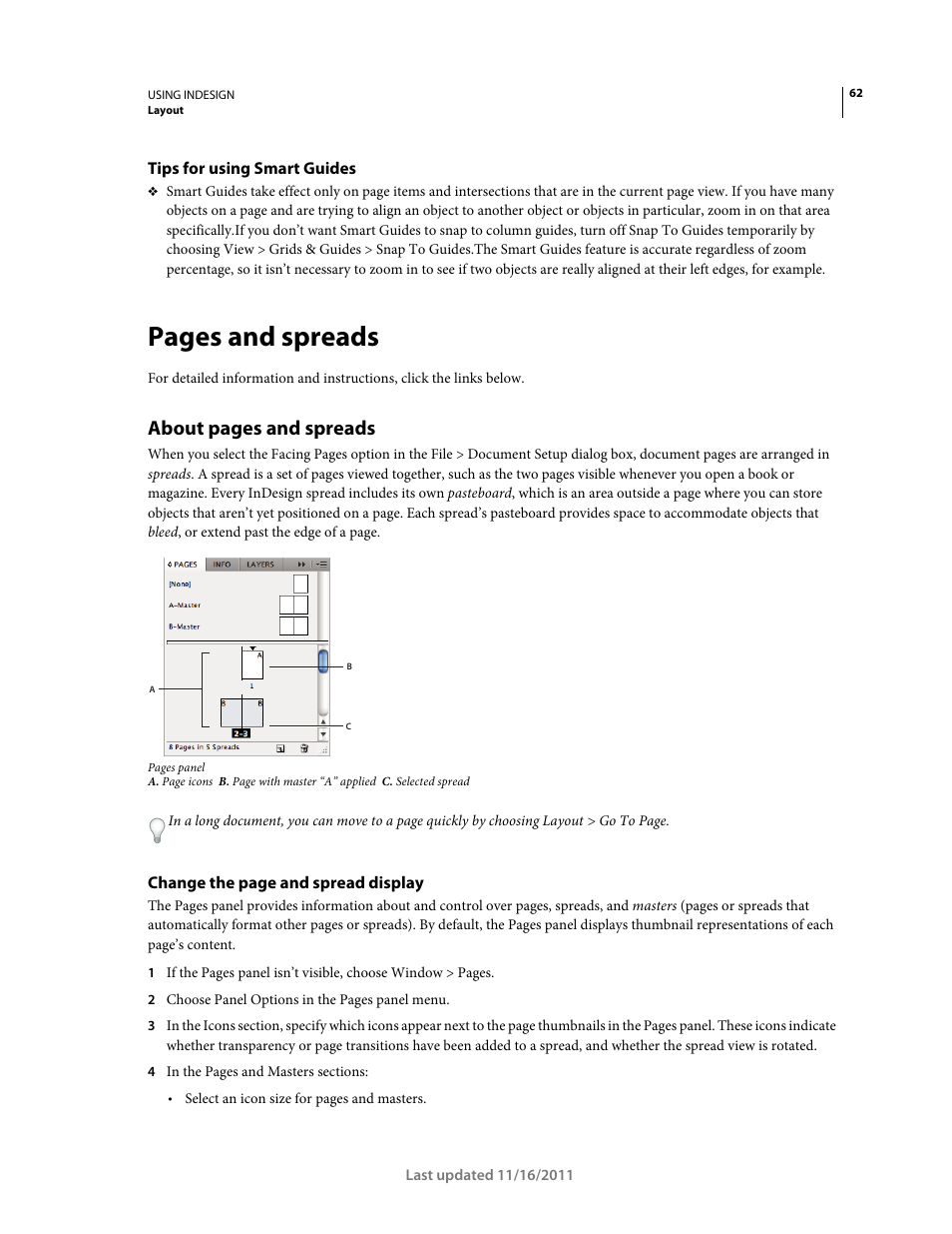 Tips for using smart guides, Pages and spreads, About pages and spreads | Adobe InDesign CS5 User Manual | Page 68 / 710