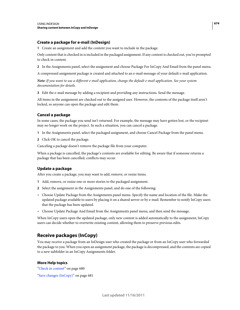 Create a package for e-mail (indesign), Cancel a package, Update a package | Receive packages (incopy) | Adobe InDesign CS5 User Manual | Page 680 / 710