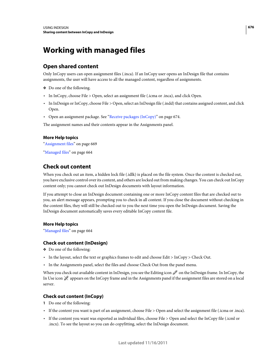 Working with managed files, Open shared content, Check out content | Check out content (indesign), Check out content (incopy) | Adobe InDesign CS5 User Manual | Page 682 / 710