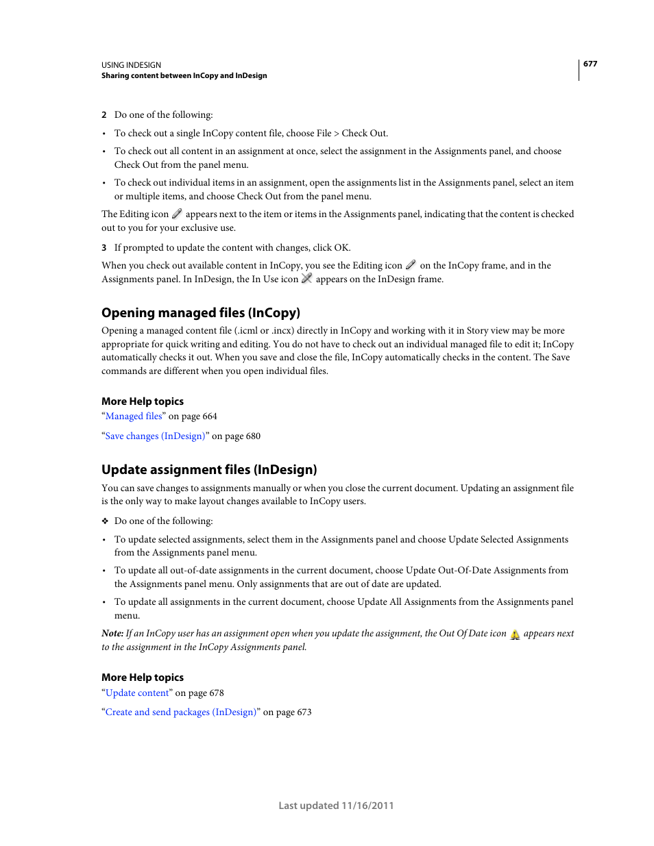 Opening managed files (incopy), Update assignment files (indesign) | Adobe InDesign CS5 User Manual | Page 683 / 710