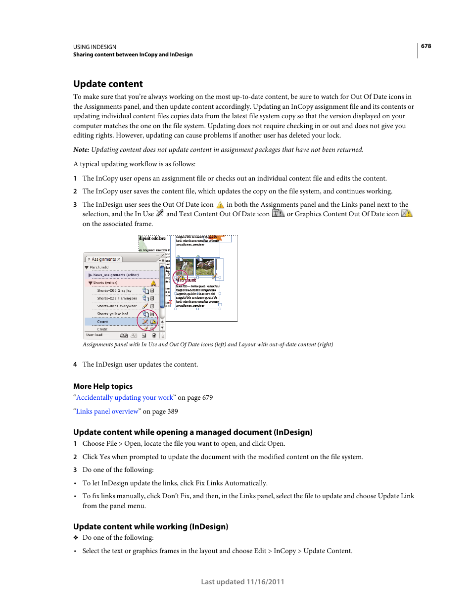 Update content, Update content while working (indesign) | Adobe InDesign CS5 User Manual | Page 684 / 710