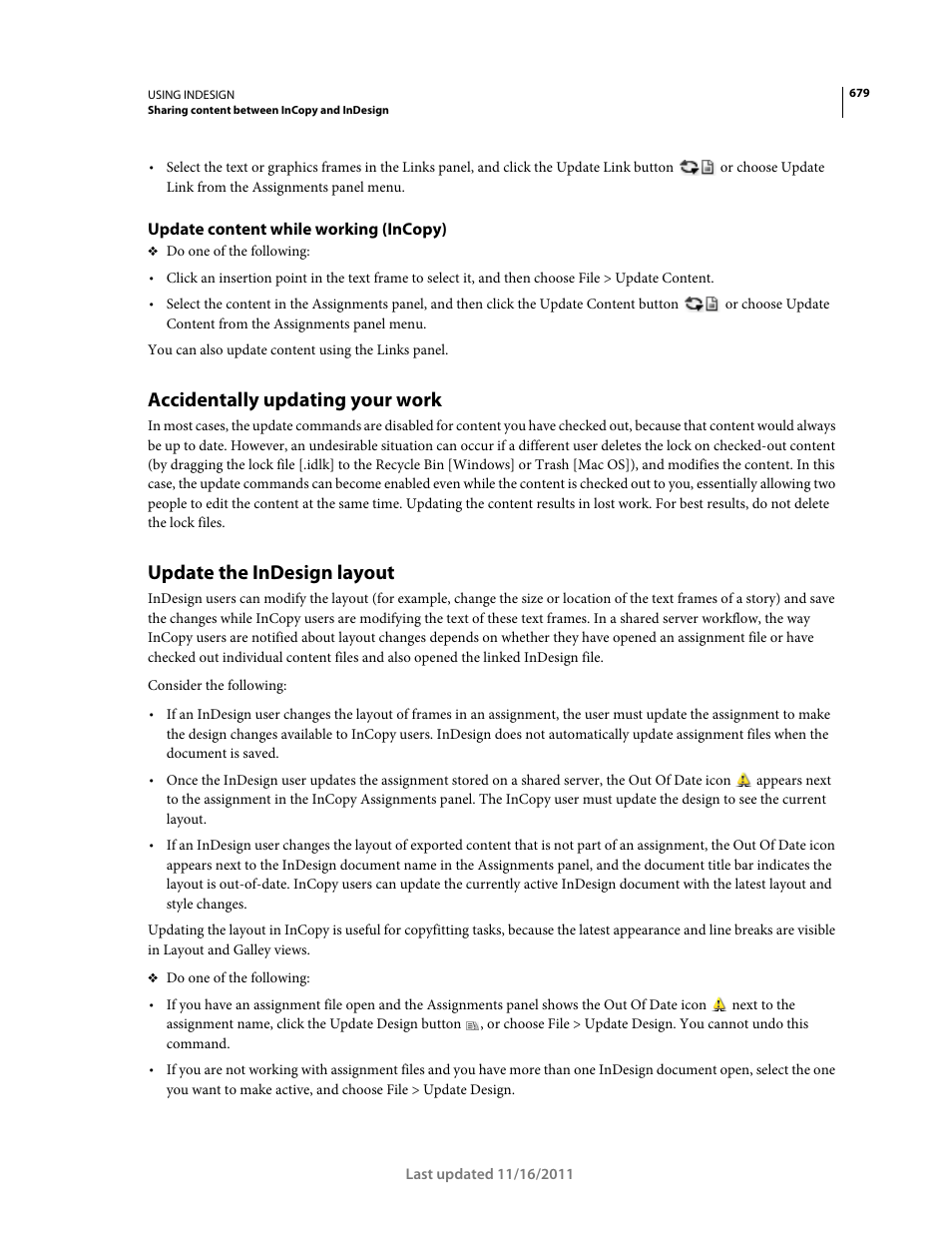 Update content while working (incopy), Accidentally updating your work, Update the indesign layout | Adobe InDesign CS5 User Manual | Page 685 / 710