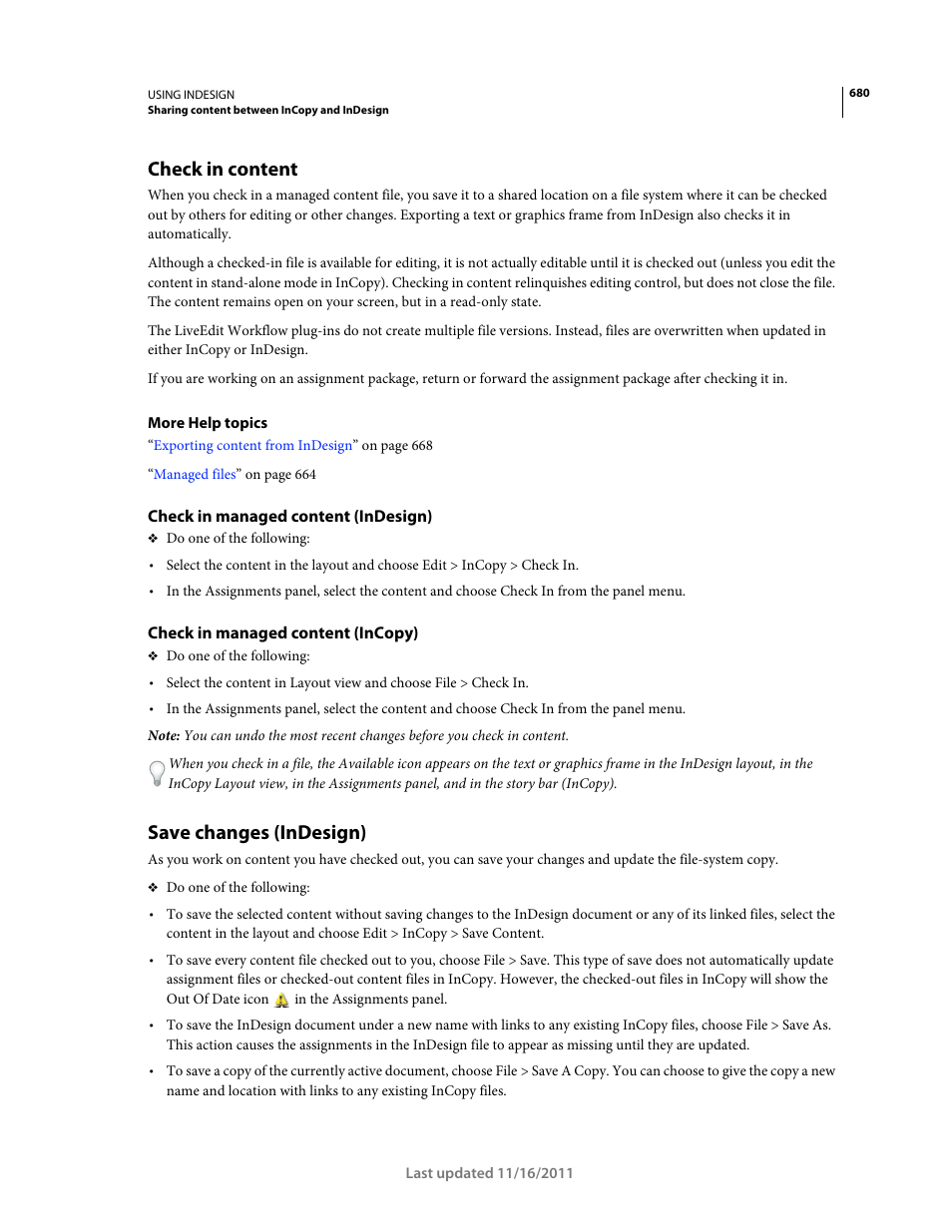 Check in content, Check in managed content (indesign), Check in managed content (incopy) | Save changes (indesign) | Adobe InDesign CS5 User Manual | Page 686 / 710