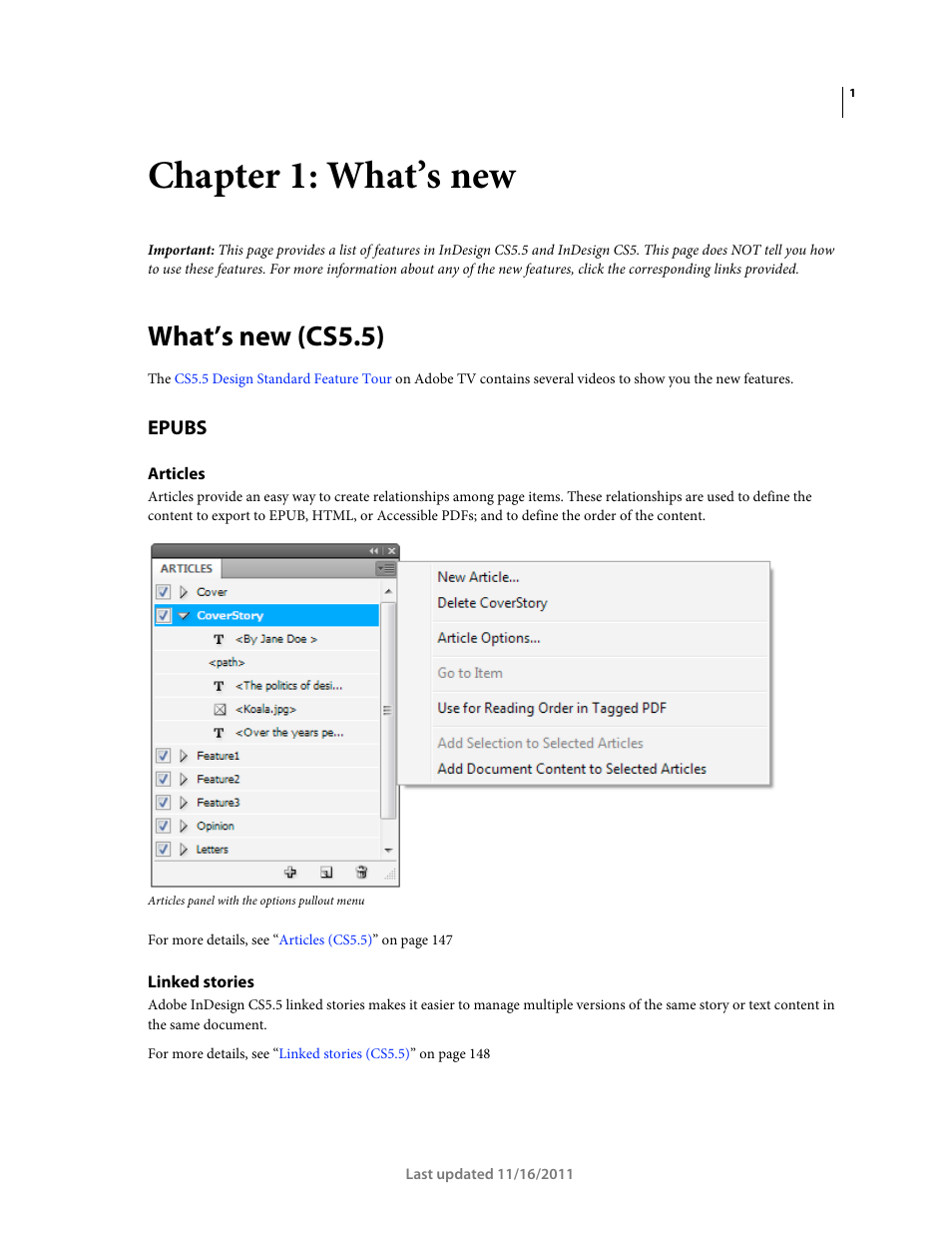 Chapter 1: what’s new, What’s new (cs5.5), Epubs | Articles, Linked stories | Adobe InDesign CS5 User Manual | Page 7 / 710