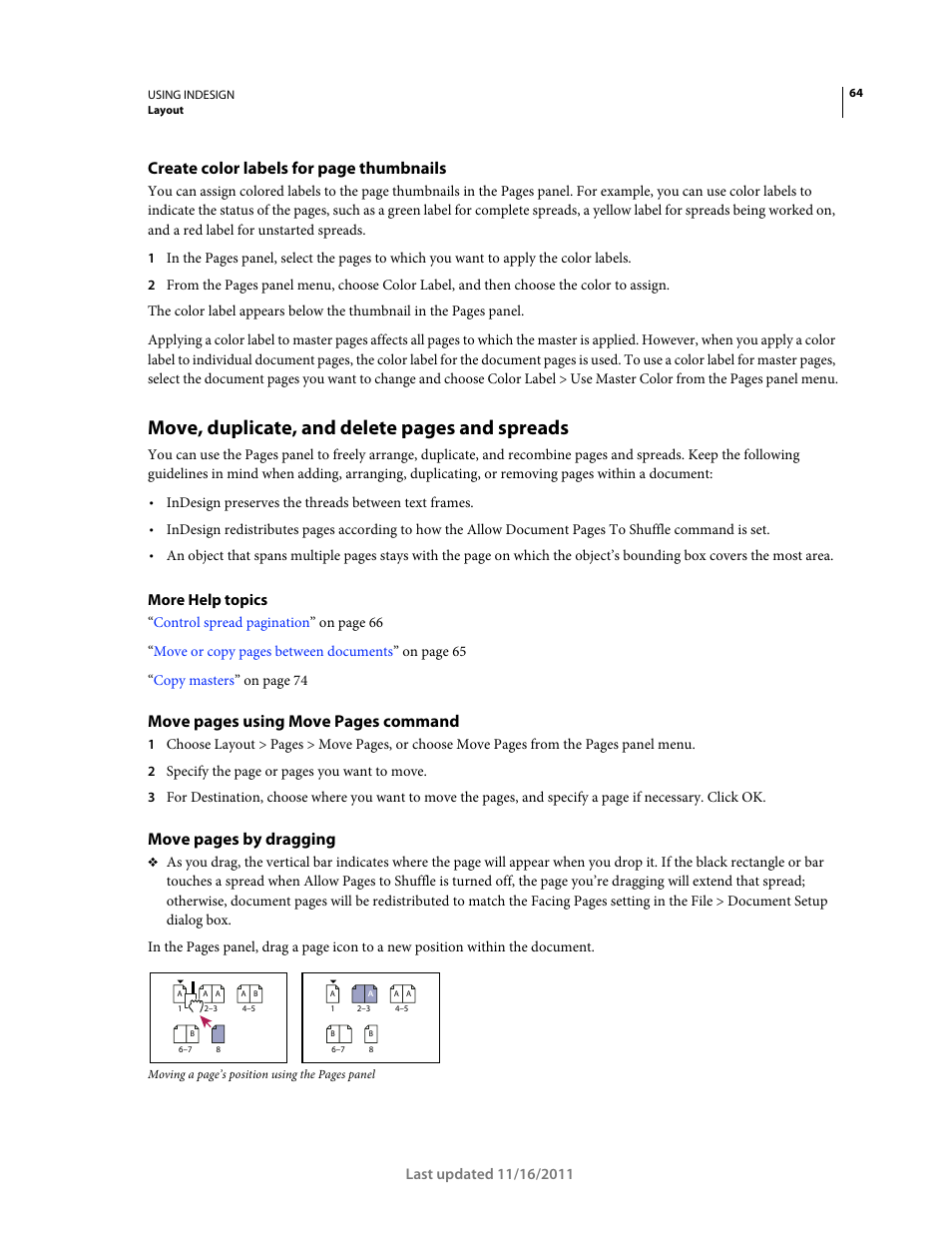 Thumbnails, Move, duplicate, and delete pages and spreads, Create color labels for page thumbnails | Move pages using move pages command, Move pages by dragging | Adobe InDesign CS5 User Manual | Page 70 / 710