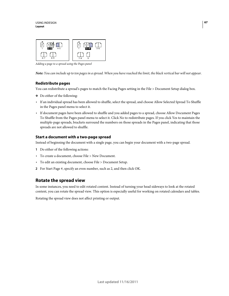 Rotate the spread view, Spread, Redistribute pages | Start a document with a two-page spread | Adobe InDesign CS5 User Manual | Page 73 / 710