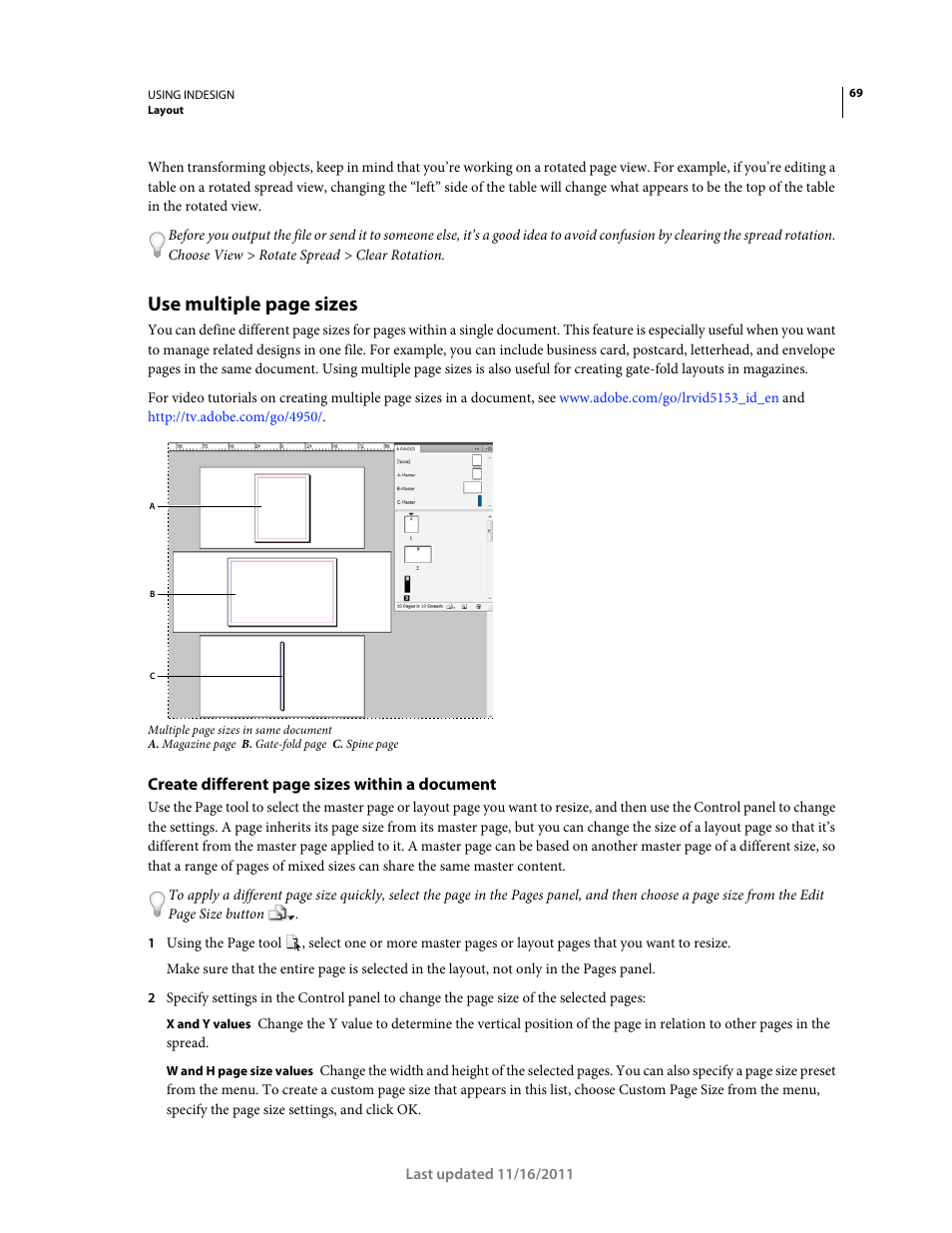 Use multiple page sizes, Create different page sizes within a document | Adobe InDesign CS5 User Manual | Page 75 / 710