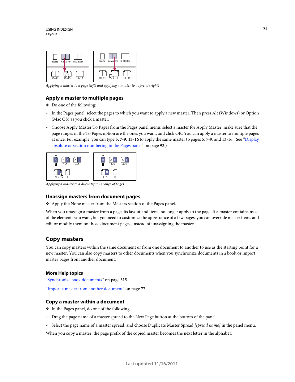 Copy masters, Copy a master within a document, Apply a master to multiple pages | Unassign masters from document pages, More help topics | Adobe InDesign CS5 User Manual | Page 80 / 710