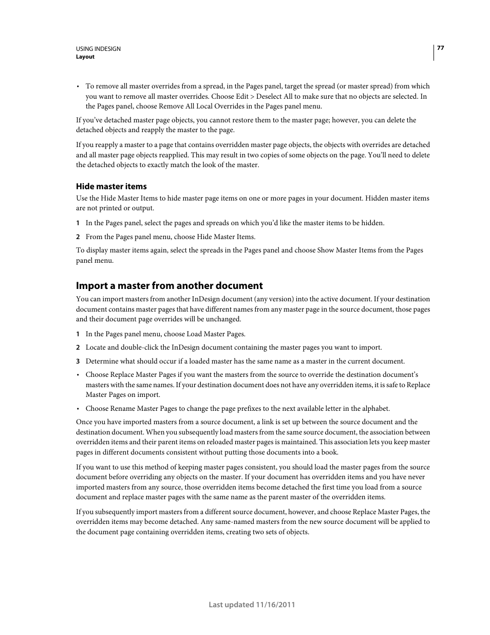 Hide master items, Import a master from another document | Adobe InDesign CS5 User Manual | Page 83 / 710