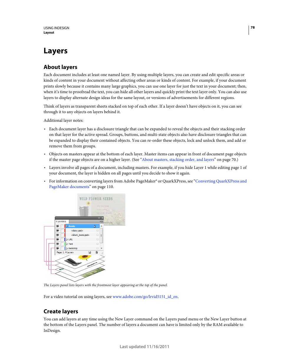 Layers, About layers, Create layers | Adobe InDesign CS5 User Manual | Page 84 / 710