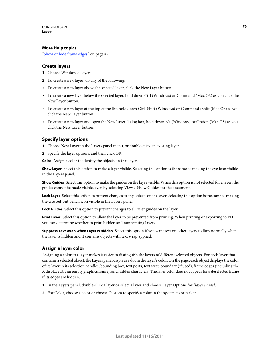 Create layers, Specify layer options, Assign a layer color | Adobe InDesign CS5 User Manual | Page 85 / 710