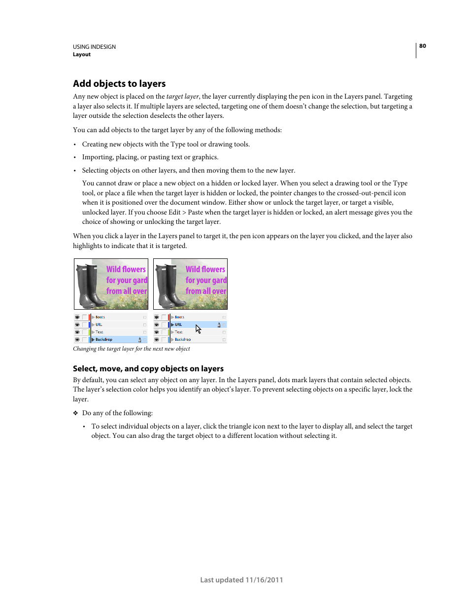 Add objects to layers, Select, move, and copy objects on layers, Wild flowers for your gard from all over | Adobe InDesign CS5 User Manual | Page 86 / 710