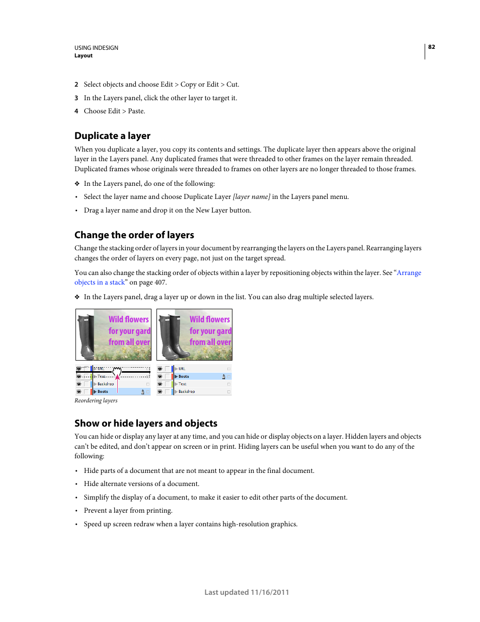 Duplicate a layer, Change the order of layers, Show or hide layers and objects | Adobe InDesign CS5 User Manual | Page 88 / 710