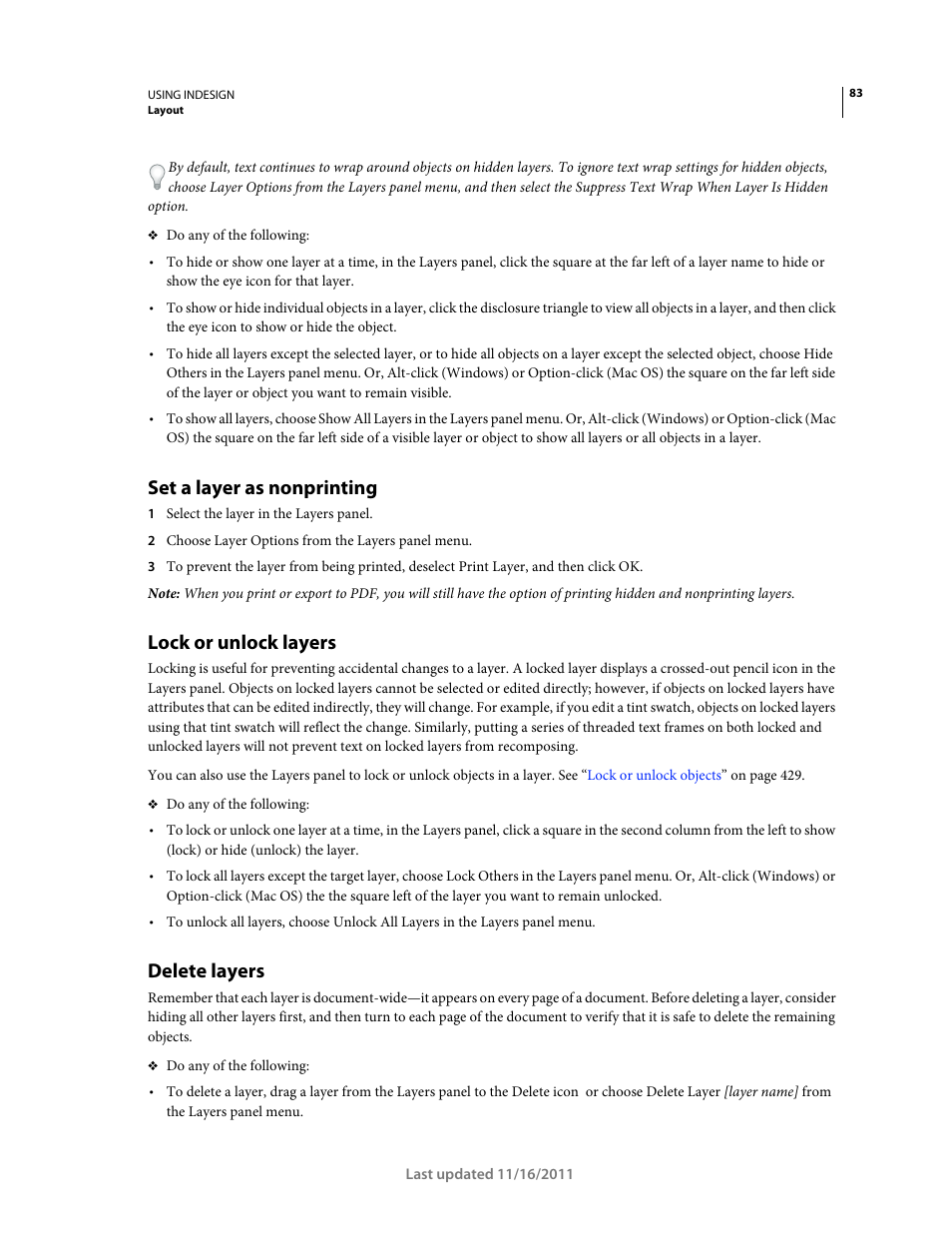 Set a layer as nonprinting, Lock or unlock layers, Delete layers | Adobe InDesign CS5 User Manual | Page 89 / 710